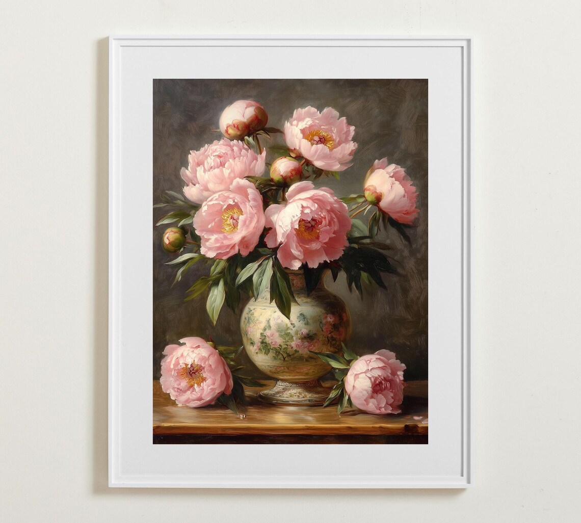 Pink Peonies In A Floral Vase Vintage Style Still Life Poster