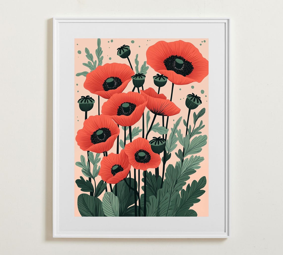 Bold Red Poppies With Seed Pods On A Blush Background Poster