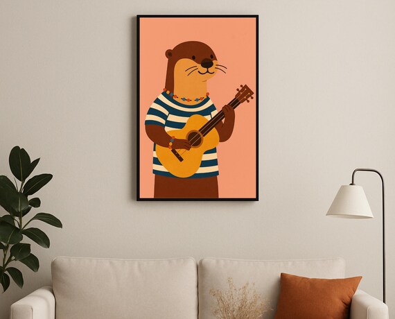Otter Playing Guitar Sailor Stripes Music Hobby Nursery Decor Poster