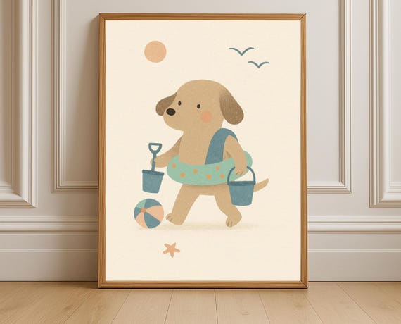 Beach Puppy Nursery Print Dog Wall Art Coastal Kids Room Decor Summer Instant