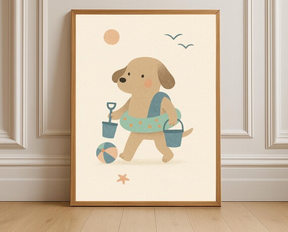 Beach Puppy Swim Ring Shovel Buckets Coastal Summer Kids Nursery Poster
