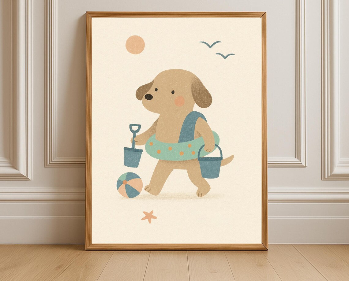 Beach Puppy Swim Ring Shovel Buckets Coastal Summer Kids Nursery Poster