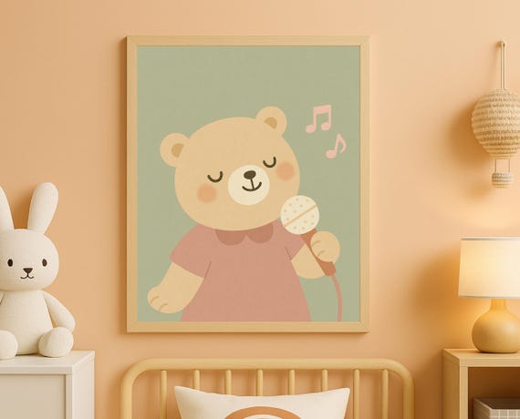 Singing Bear Wall Art For Nursery Musical Animal Print Cute Kids Room Decor