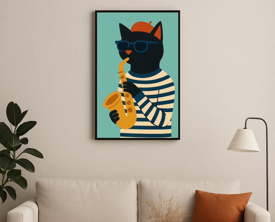 Saxophone Playing Black Cat Jazz Club Music Theme Wall Poster