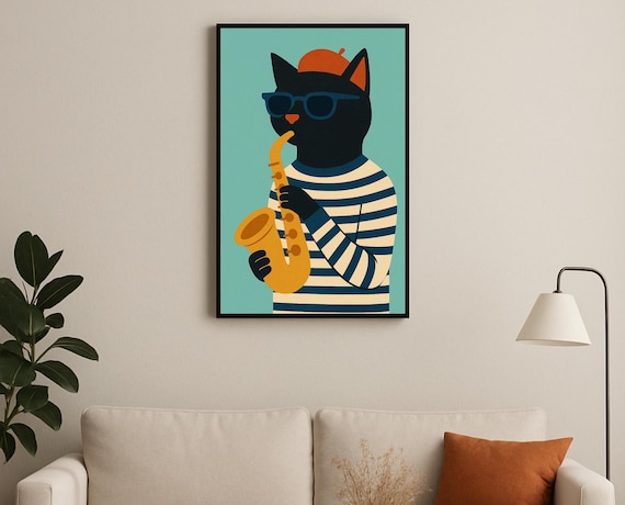Saxophone Playing Black Cat Jazz Club Music Theme Wall Poster
