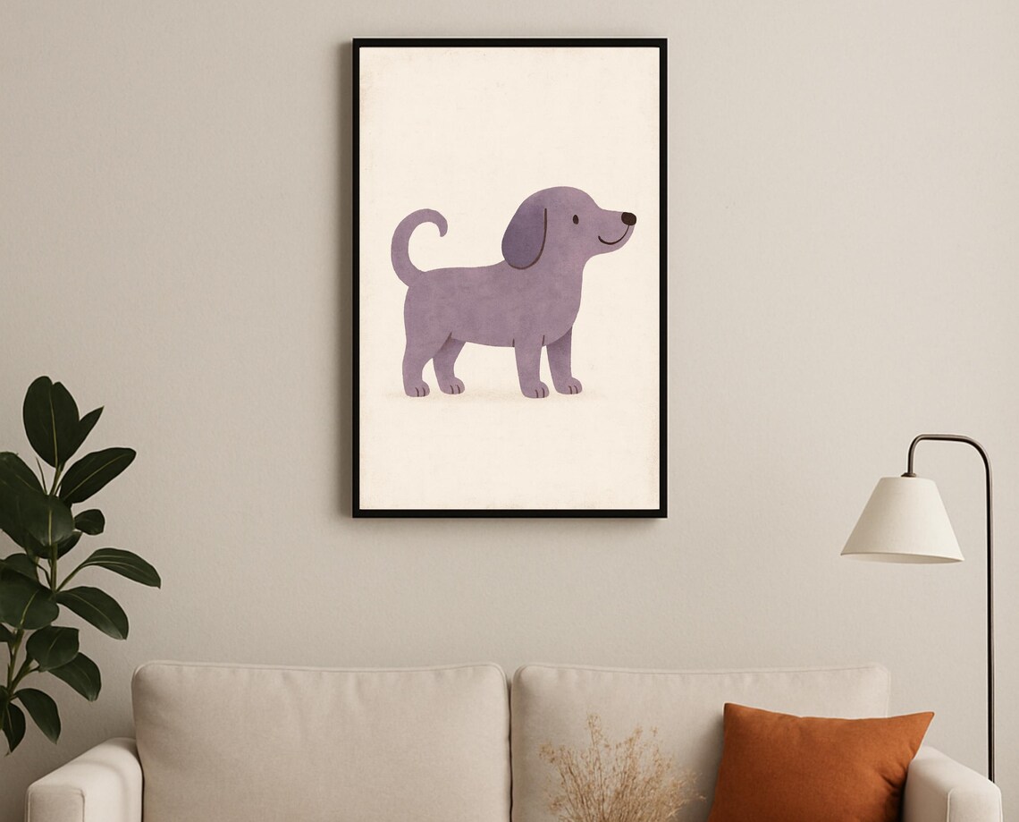 Minimalist Purple Puppy Dog Standing Nursery Room Decor Poster