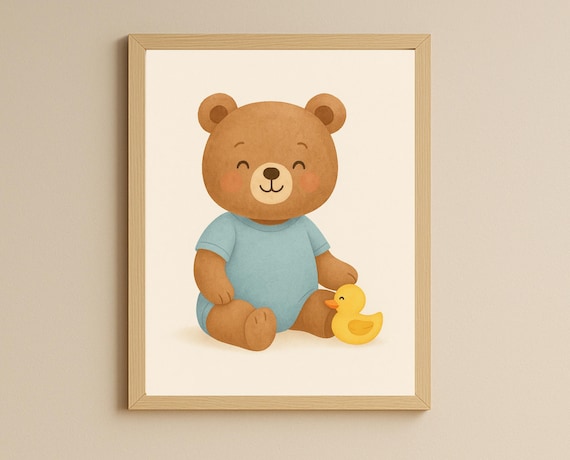 Teddy Bear in Pajamas with Rubber Duck Nursery Poster Cute Art