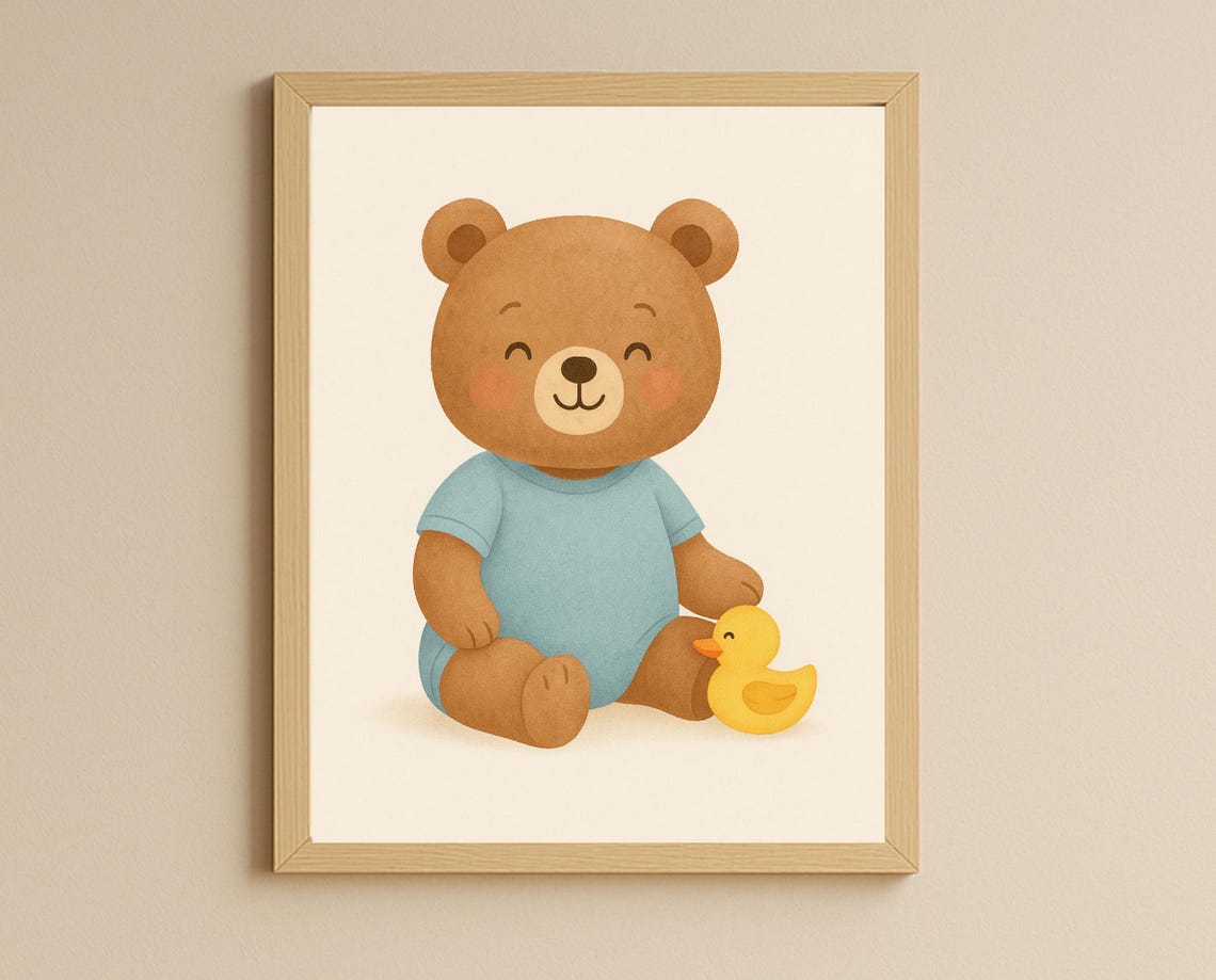 Baby Bear Nursery Wall Art Teddy Print With Rubber Duck Kids Bathroom And Decor
