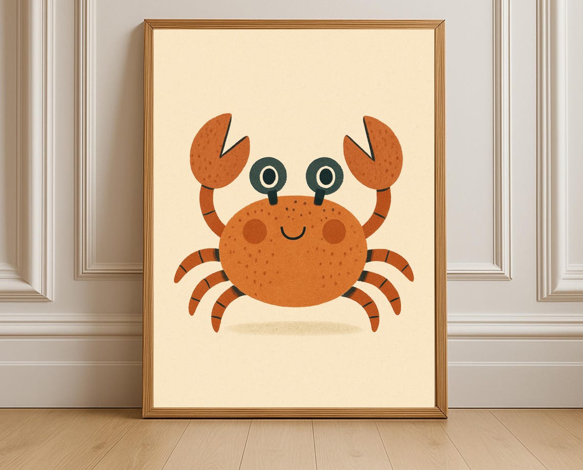 Happy Orange Crab Smiling Beach Nursery Kids Room Ocean Poster