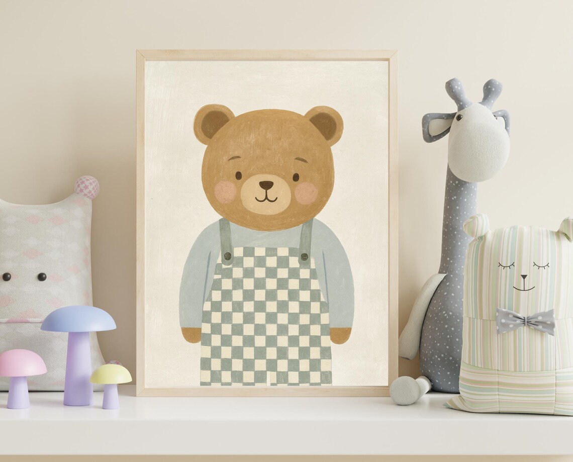 Cute Bear In Checkered Overalls Minimalist Soft Pastel Nursery Art Poster