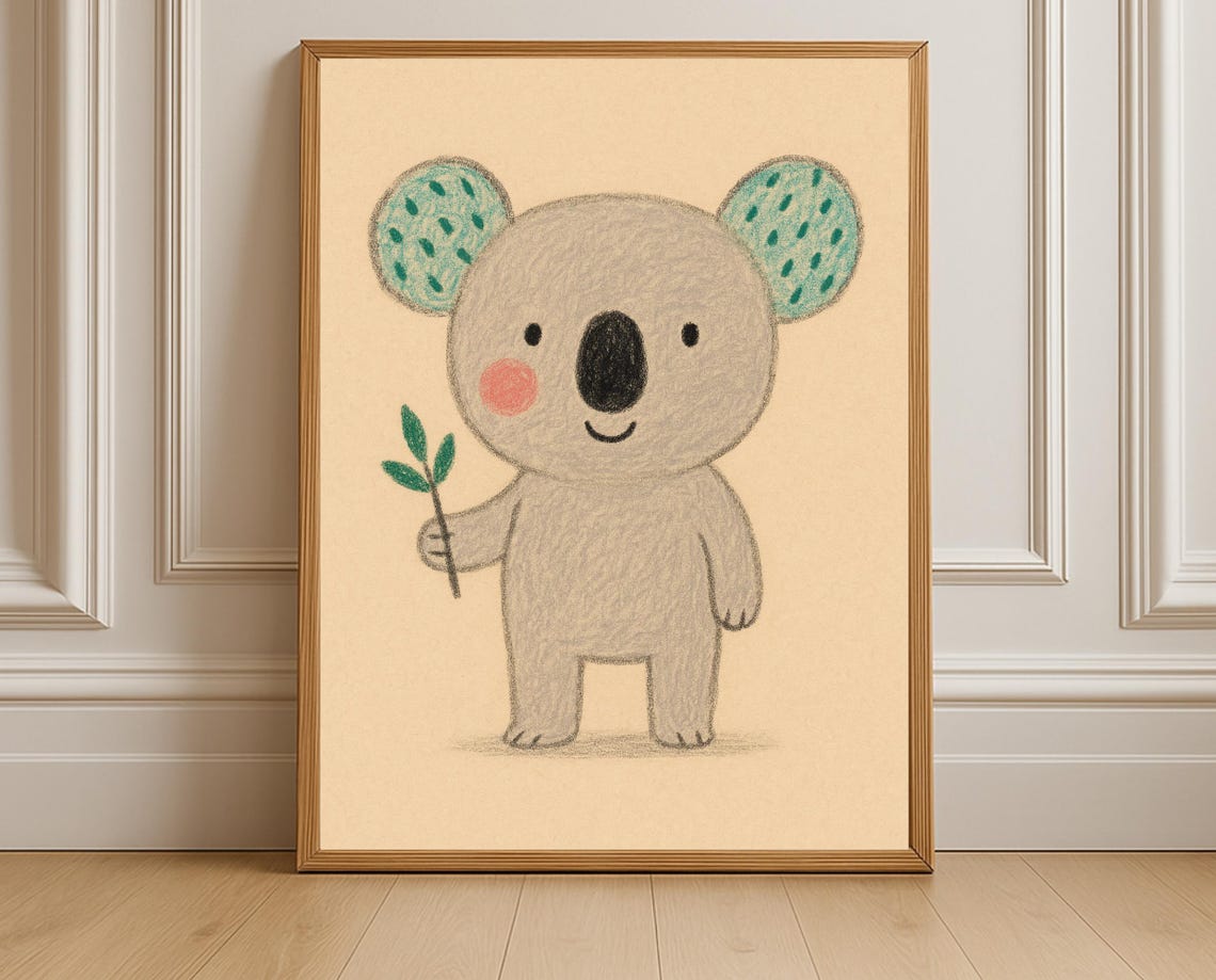 Cute Smiling Koala Holding Eucalyptus Sprig Soft Crayon Nursery Poster