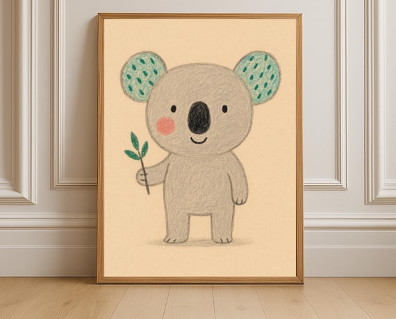 Cute Smiling Koala Holding Eucalyptus Sprig Soft Crayon Nursery Poster