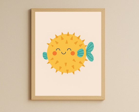 Cute Pufferfish Ocean Poster Smiling Yellow Fish Nursery Kids Decor