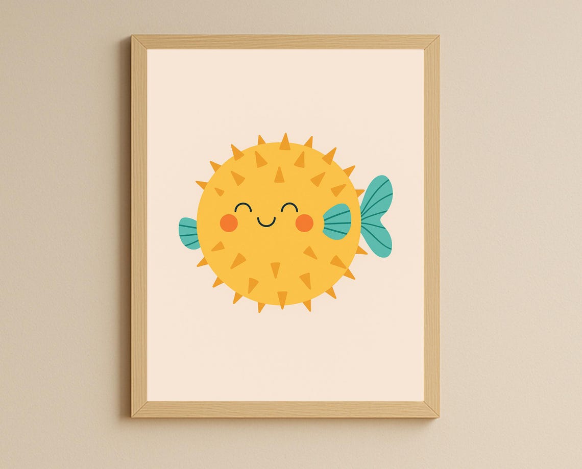 Cute Pufferfish Ocean Poster Smiling Yellow Fish Nursery Kids Decor