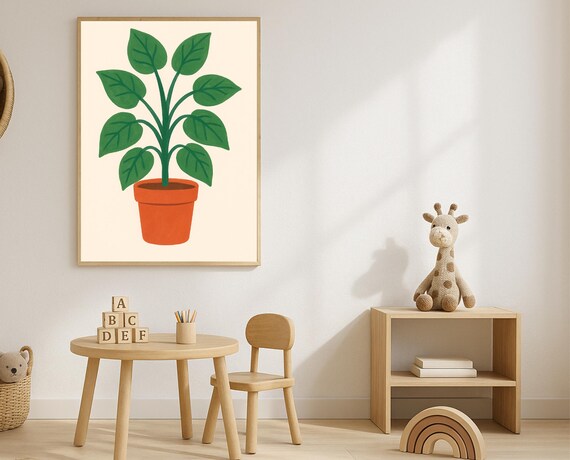 Potted Houseplant Botanical Print Terracotta Pot Minimalist Green Leaf Art
