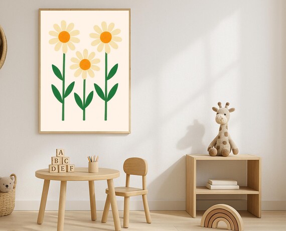 Daisy Nursery Wall Art Botanical Flower Kids Room Playroom Decor