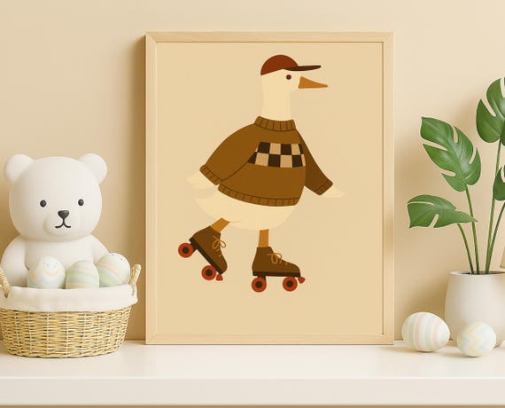 Roller Skating Duck Wall Art Whimsical Animal Nursery Print For Toddler Room Decor Poster