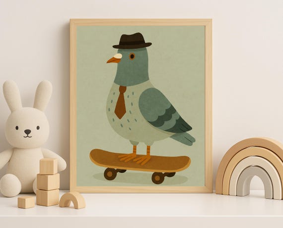 Skateboarding Pigeon Wall Art Funny Bird Poster With Hat Tie Nursery Animal Print