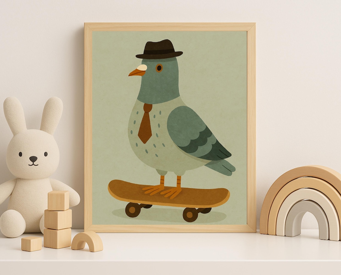Pigeon in Fedora and Tie Riding Skateboard Funny Kids Room Wall Art
