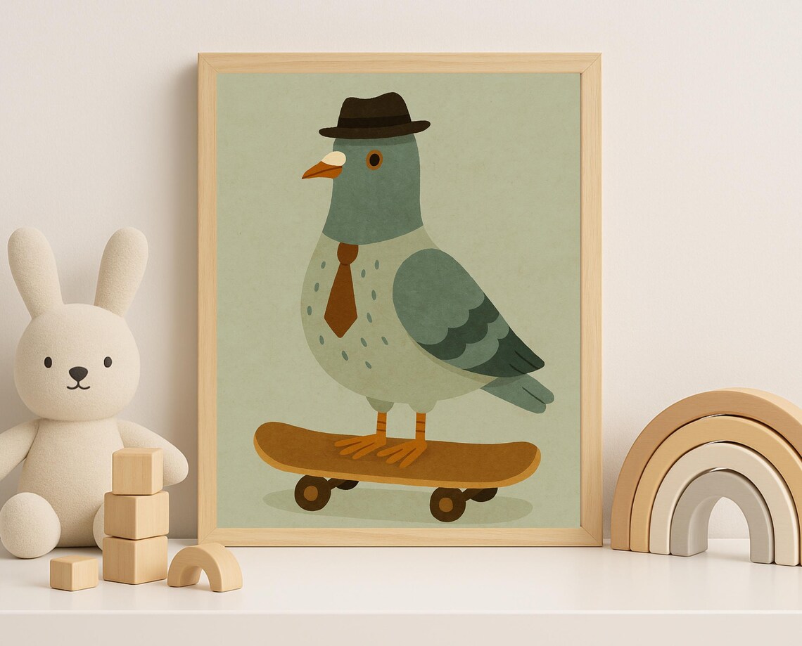Skateboarding Pigeon Wall Art Funny Bird Poster With Hat Tie Nursery Animal Print