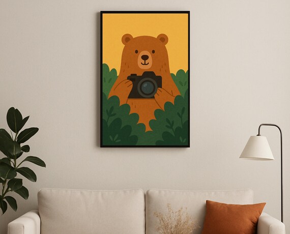 Wildlife Photographer Bear With Camera Hobby Nursery Decor Poster