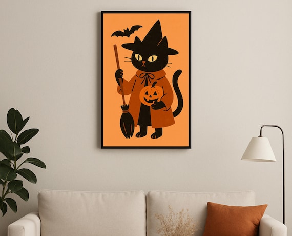 Black Cat Witch Costume with Broom Pumpkin Halloween Nursery Poster