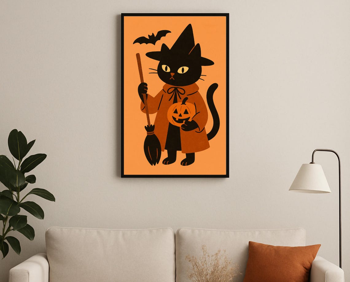 Black Cat Witch With Broom And Pumpkin Halloween Wall Art Kids Nursery Decor Jackolantern Illustration