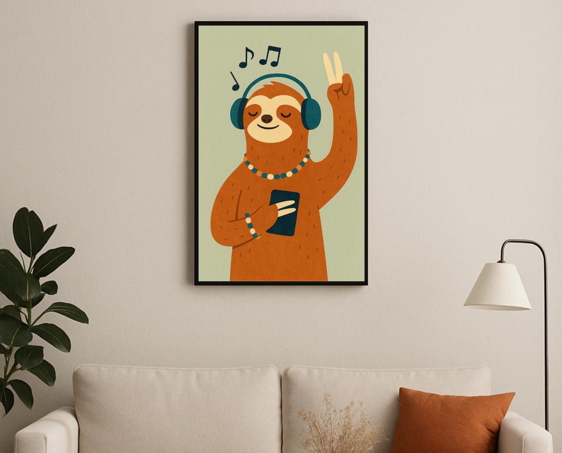 Music Loving Sloth With Headphones Peace Sign Nursery Decor Poster