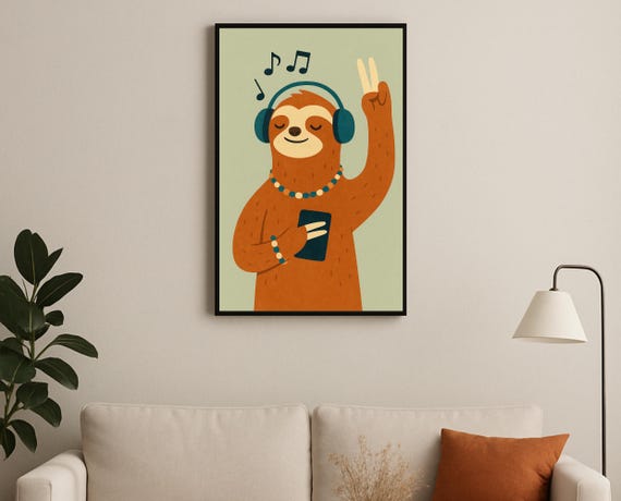 Music Loving Sloth Wall Art Hobby Animal Series Headphones Peace Sign Print For Nursery Playroom
