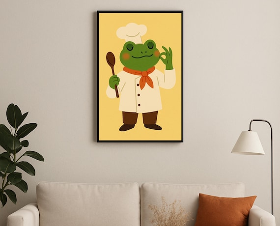 Chef Frog with Wooden Spoon Yellow Kitchen Nursery Poster Cute