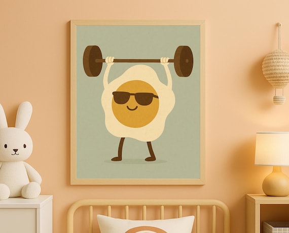 Fried Egg Lifting Barbell With Sunglasses Funny Gym Kids Wall Art