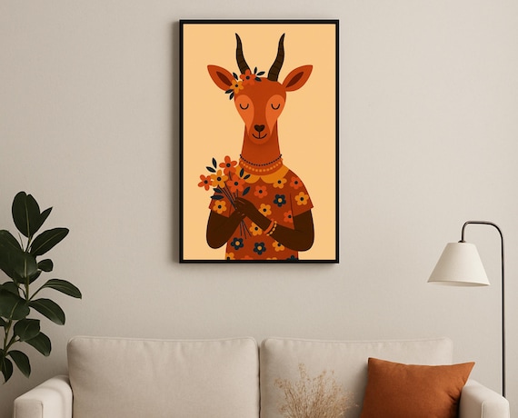 Boho Floral Gazelle Nursery Poster Flower Bouquet Animal Kids Decor
