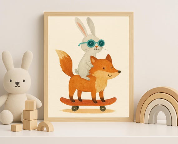 Bunny Fox On Skateboard Wall Art Playful Animal Duo For Nursery Decor
