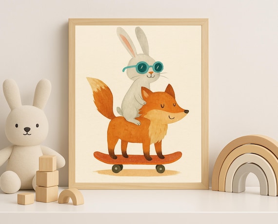 Cute Bunny Riding on Fox Back Skateboard Duo Nursery Wall Art
