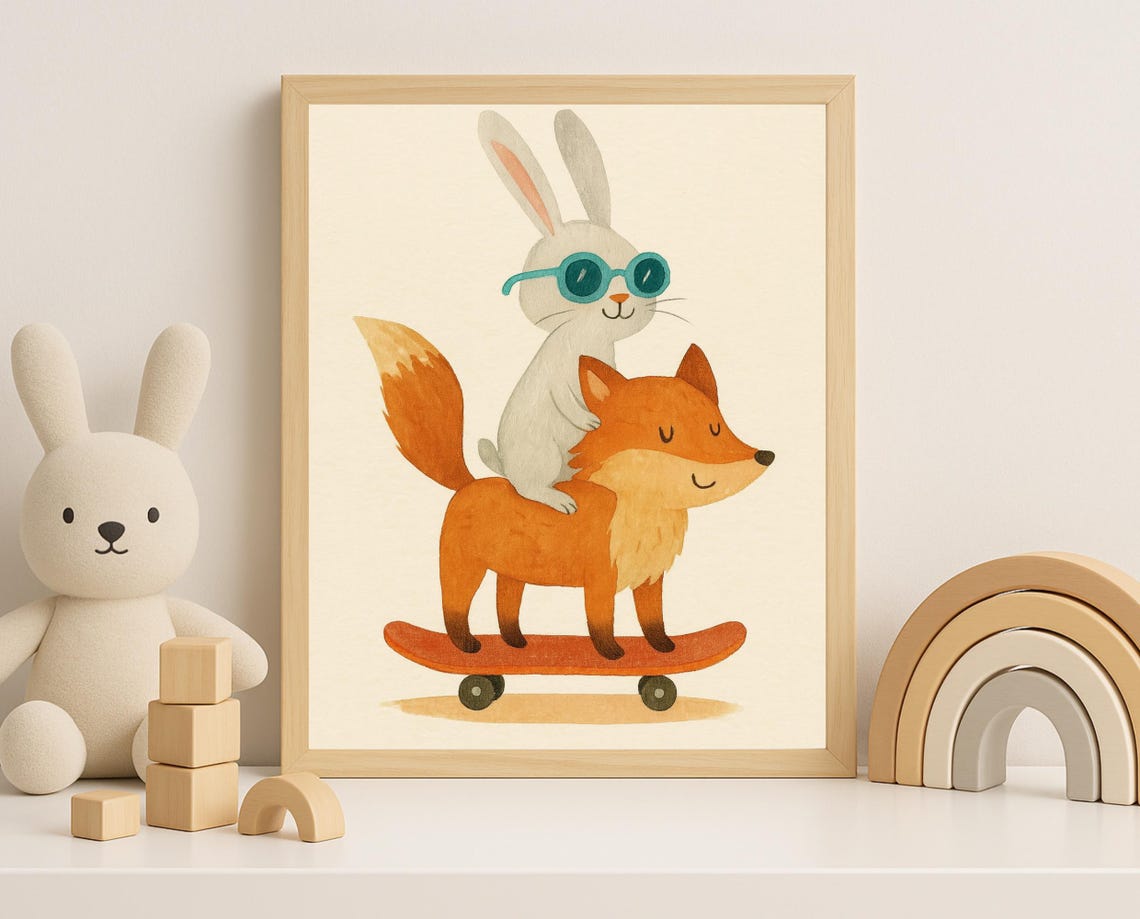 Bunny Fox On Skateboard Wall Art Playful Animal Duo For Nursery Decor