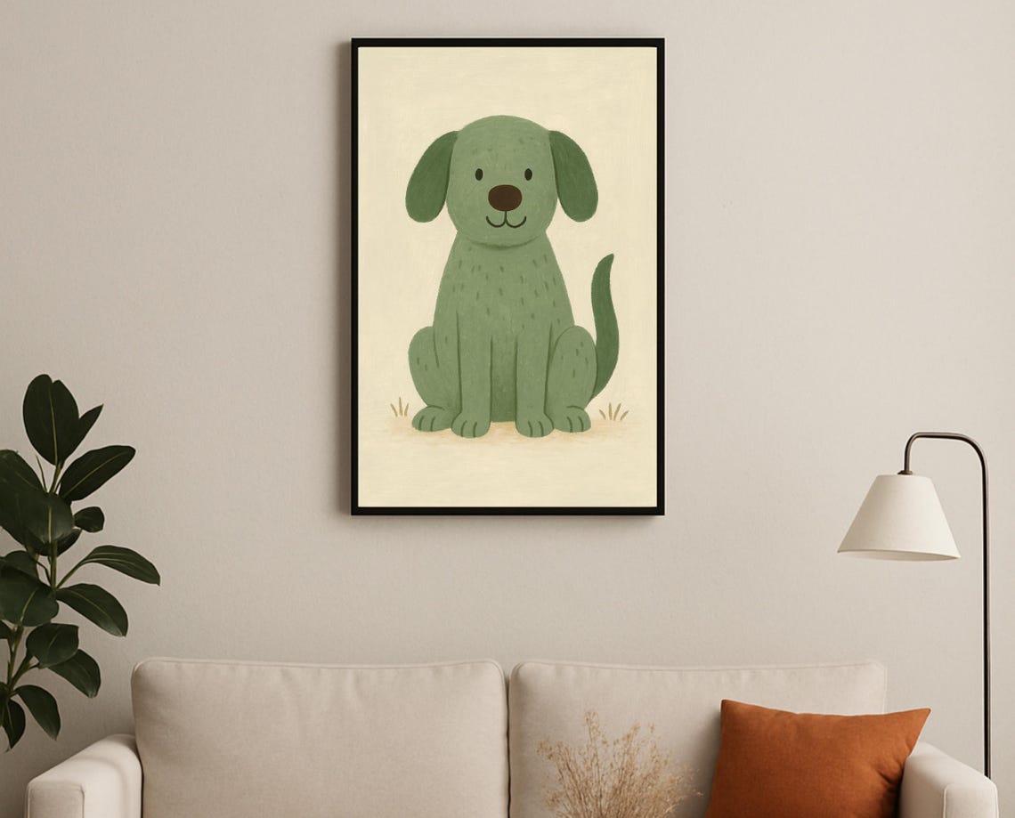 Minimalist Green Puppy Dog Sitting Cute Nursery Room Decor Poster