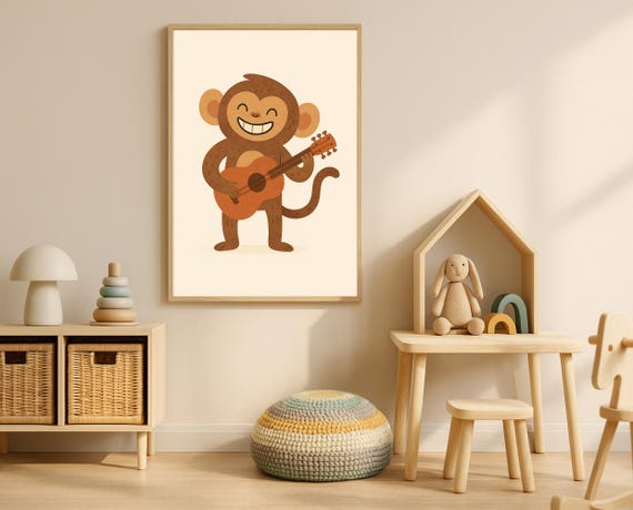 Guitar Monkey Wall Art Hobby Animal Series Nursery Print Musical For Kids Room Decor