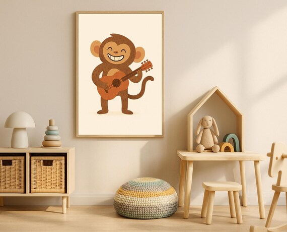 Smiling Monkey Playing Acoustic Guitar Music Lover Wall Poster
