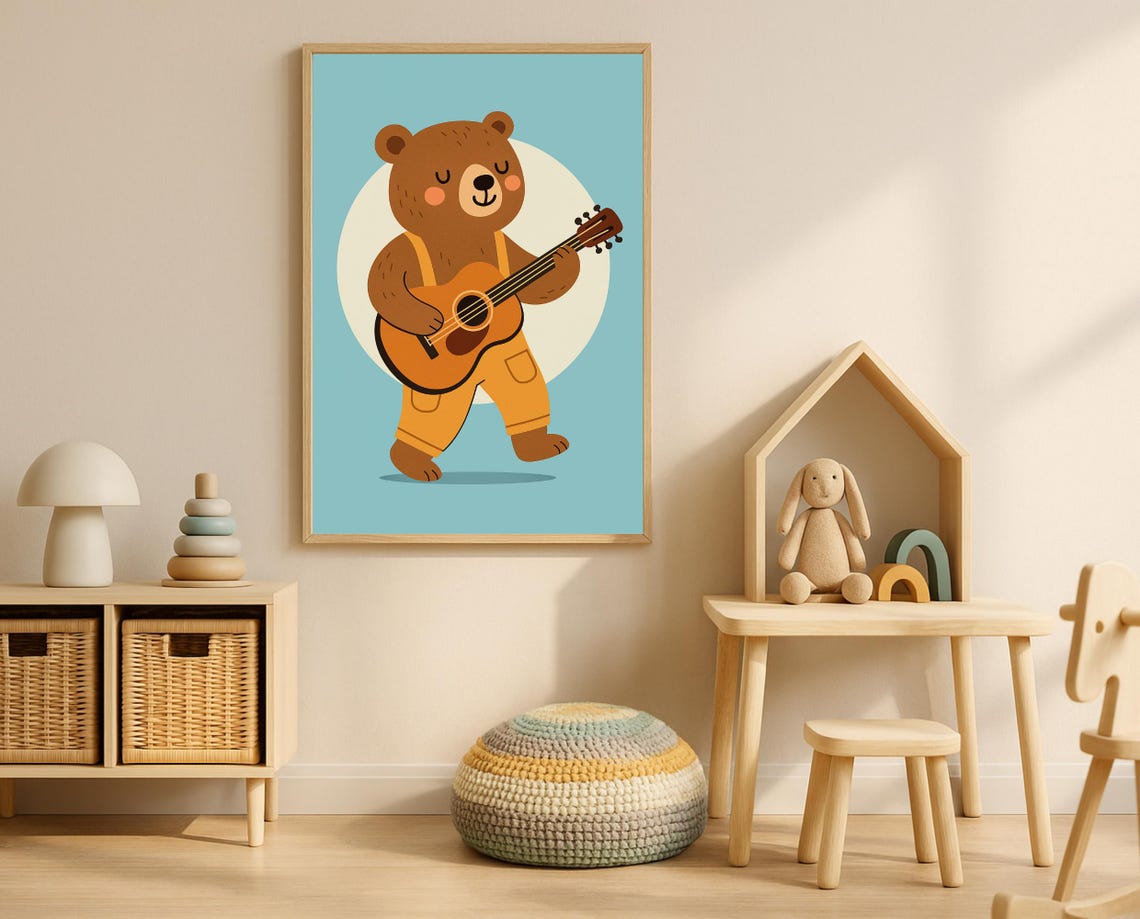 Guitar Bear Nursery Wall Art Hobby Animal Series Musical Poster For Kids Room