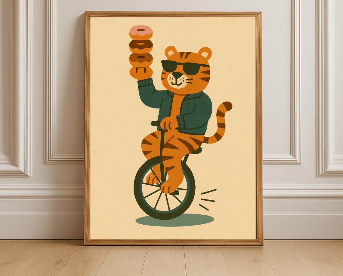 Tiger Riding Unicycle Balancing Donuts Retro Nursery Poster Art