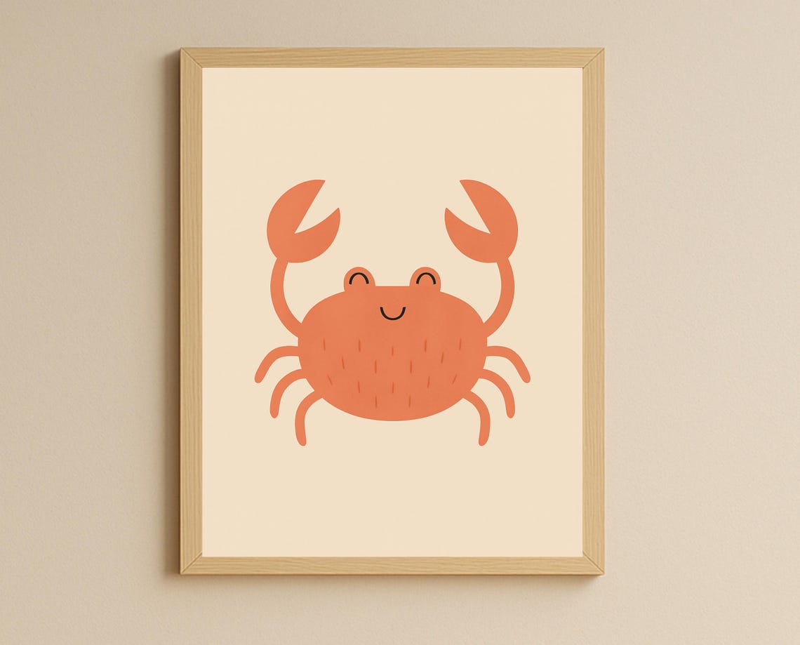 Smiling Coral Crab with Claws Up Cute Ocean Poster for Nursery Room