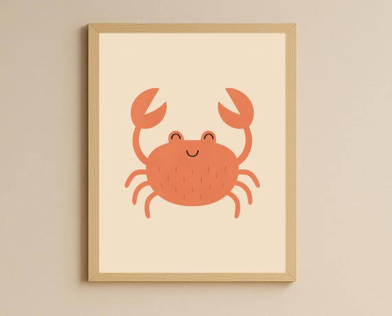 Happy Crab Wall Art Ocean Animal Nursery Print Cute Red Kids Room Decor