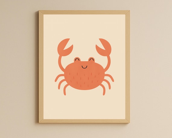 Smiling Coral Crab with Claws Up Cute Ocean Poster for Nursery Room
