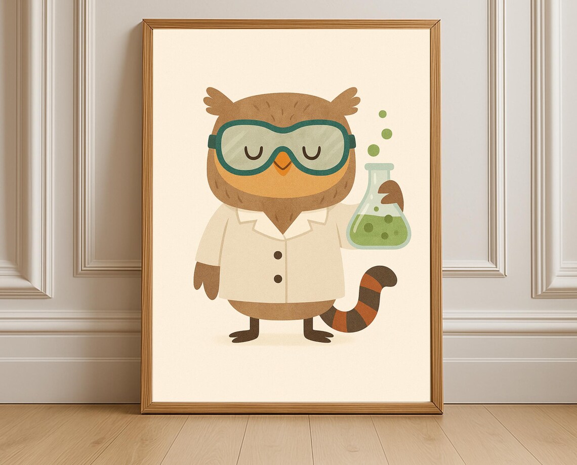 Owl Scientist In Lab Coat With Bubbling Green Flask Kids Poster