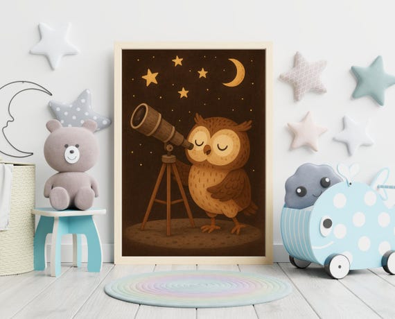Stargazing Owl Wall Art Night Sky Nursery Telescope Animal Kids Room Decor Hobby Series