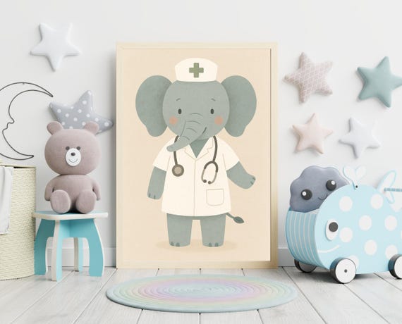 Doctor Elephant Nursery Wall Art Medical Animal Kids Room Decor Instant