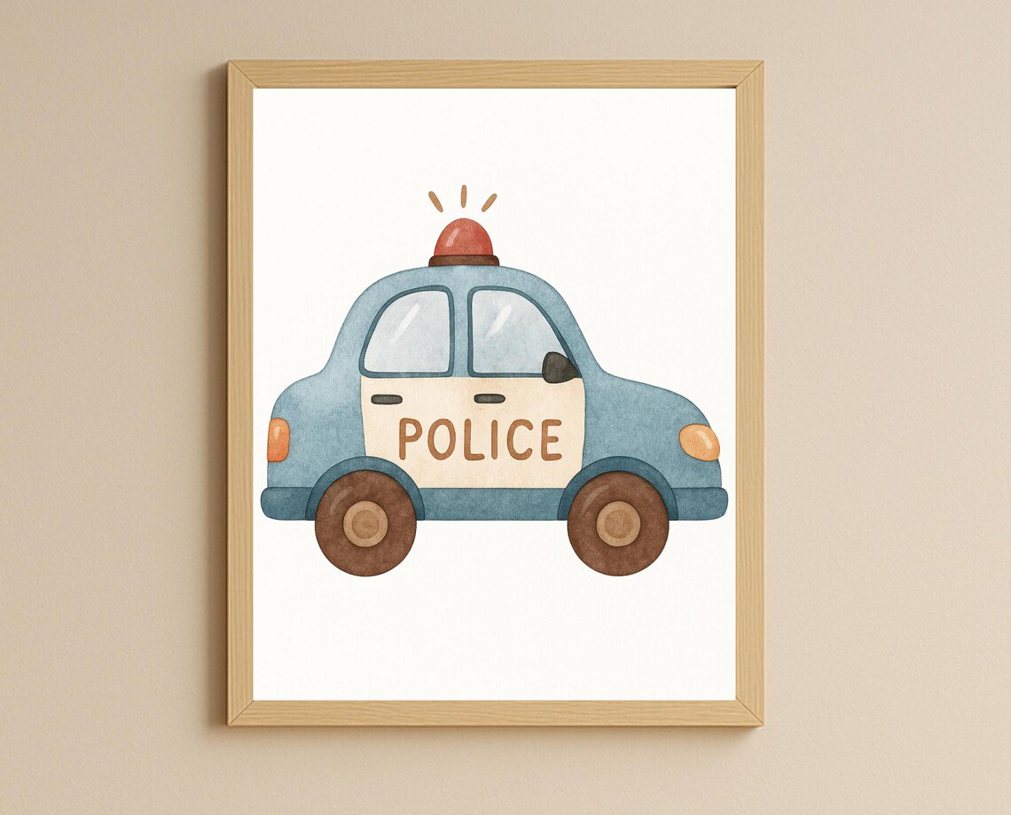 Blue Watercolor Police Car with Red Siren Glow Kids Room Poster