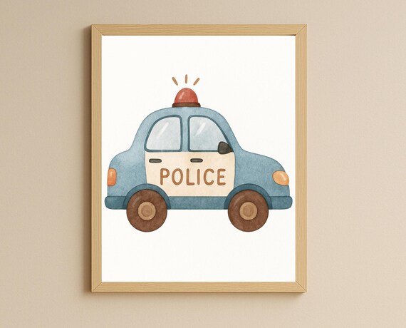 Blue Watercolor Police Car with Red Siren Glow Kids Room Poster