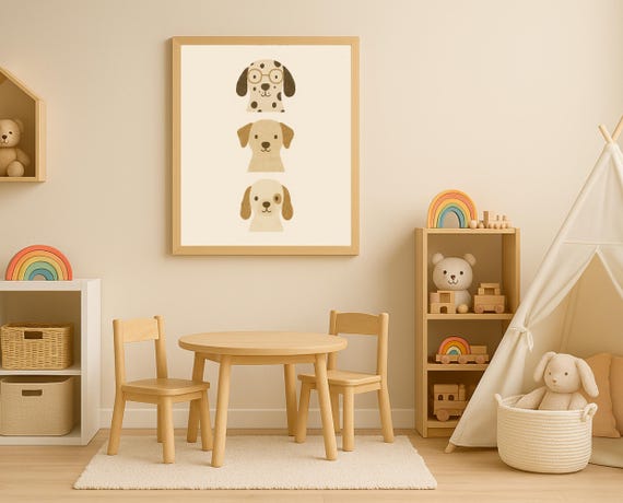 Three Puppies Wall Art Dog For Nursery Toddler Room Cute Puppy Heads Poster Neutral Animal Decor