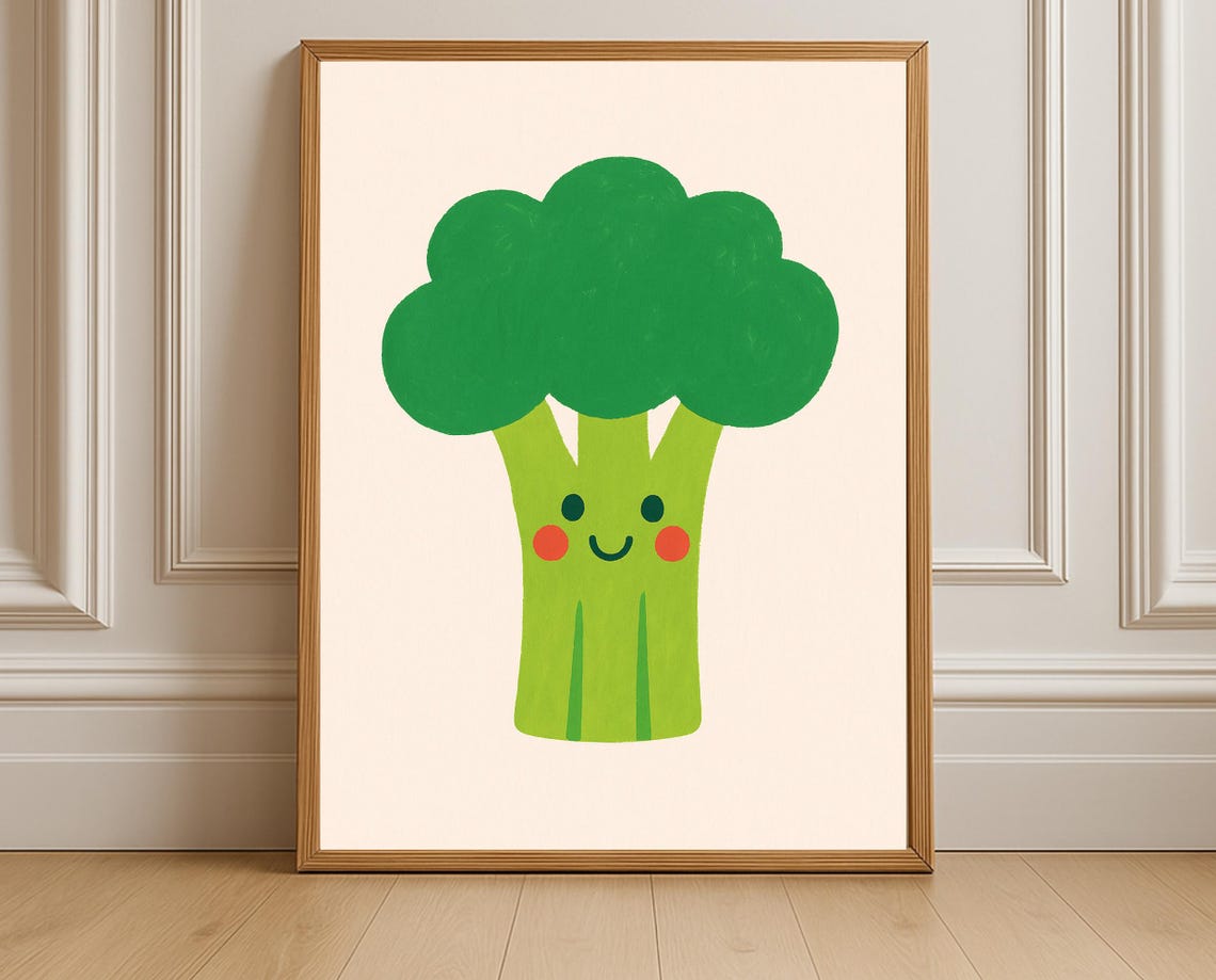 Cute Smiling Broccoli Happy Vegetable Kids Kitchen Art Poster